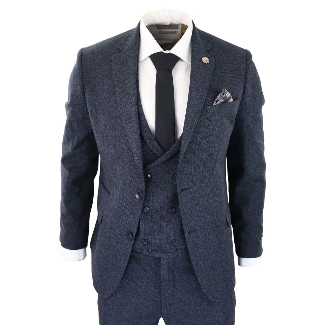 WS25 : Élégance intemporelle, costume trois pièces bleu tweed pour homme, gilet croisé - parfait !
